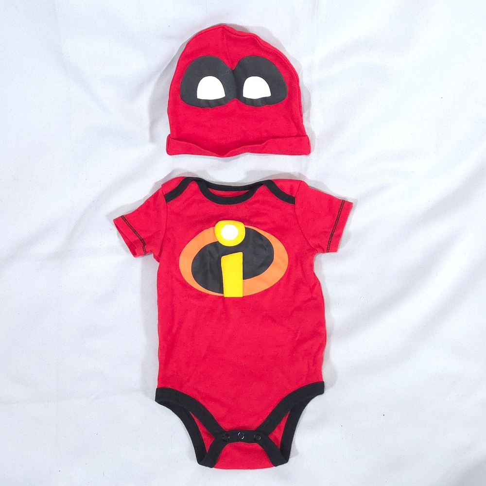 Disney Baby The Incredibles Bodysuit & Hat 6-9M Red Superhero Outfit Halloween